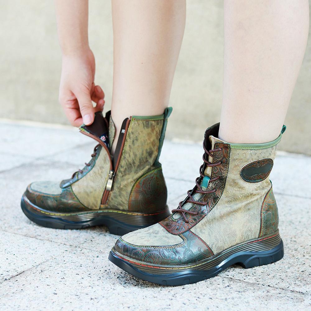Johnature Genuine Leather Spliced Printed Fabric Women's Boots Vintage Lacing Comfortable Versatile Short Boots