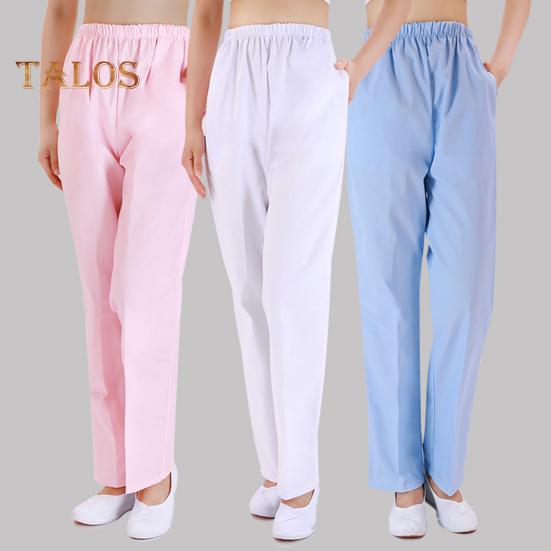 Letnie spodnie pielęgniarskie Średni stan, elastyczny pas, szerokie nogawki, długie spodnie, Jednokolorowe kieszenie, Damskie spodnie robocze