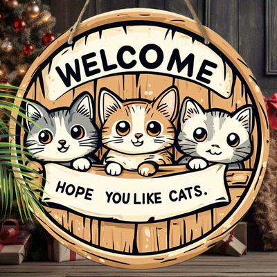 Hängendes dekoratives Schild aus Holz, Willkommensschild, Das Muster sind drei niedliche Katzen, Dekorationen für drinnen oder den Garten, 2D flacher Anhänger, Einzugsgeschenke für Freunde