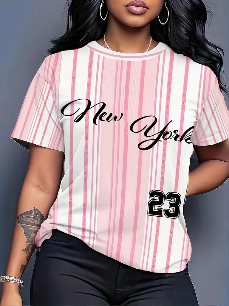 Women's New York 23 T-Shirt - Number ; Letter Print Short Sleeve Round Neck Top. Casual Summer Blouse Shirt Suitable for S. Dates. Casual Attire. Mach