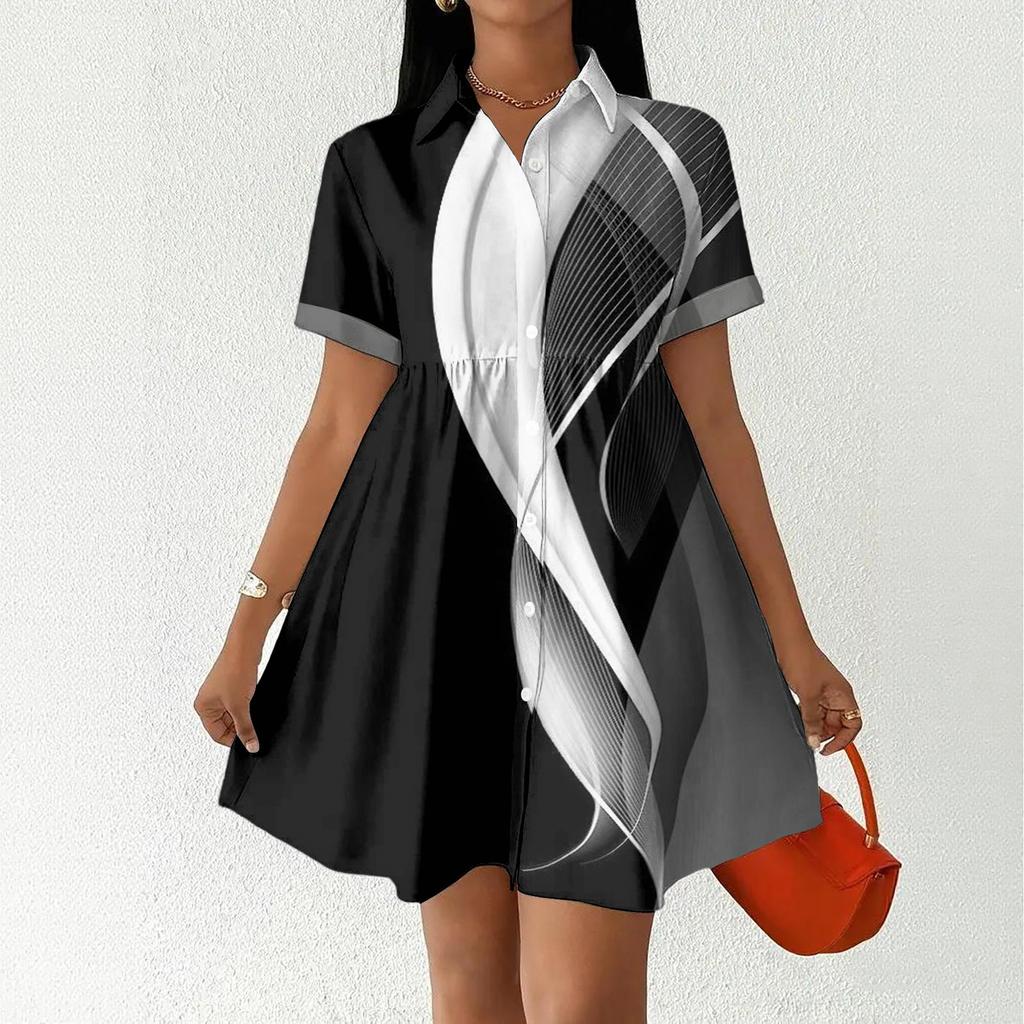 Casual Loose Fit Shirt Dress with Button Front and Stand Collar Short Sleeve Lightweight Summer Dress for Women