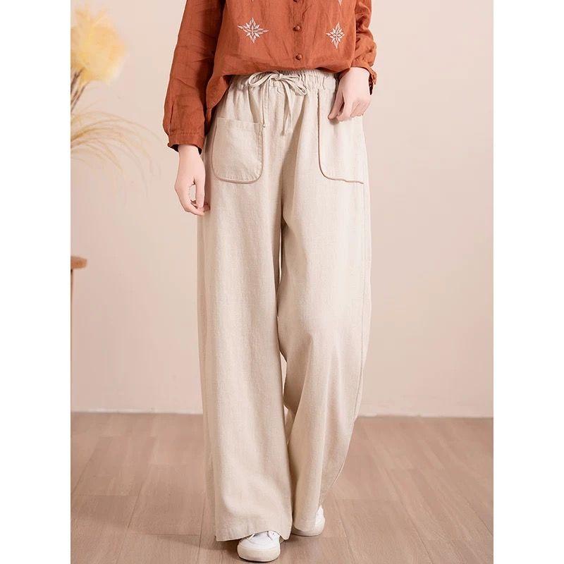 Frühlings Elastischer Bund Lässige Gerade Bein Hose für Damen Lockere Baumwolle und Leinen Weitbein Hose