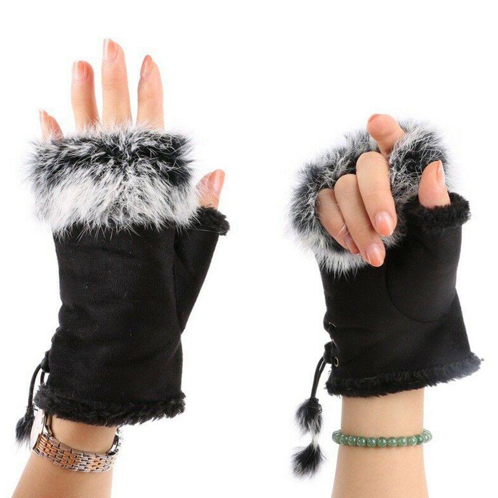 Gift Lady New Genuine Color Soft Trim Wrist Warm Rabbit Fur Women Gloves Fingerless