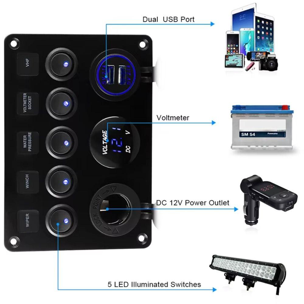 Red/Green/Blue Lights 5 Gang Switch Panel Dual USB Socket LED Voltmeter Power Outlet  Marine