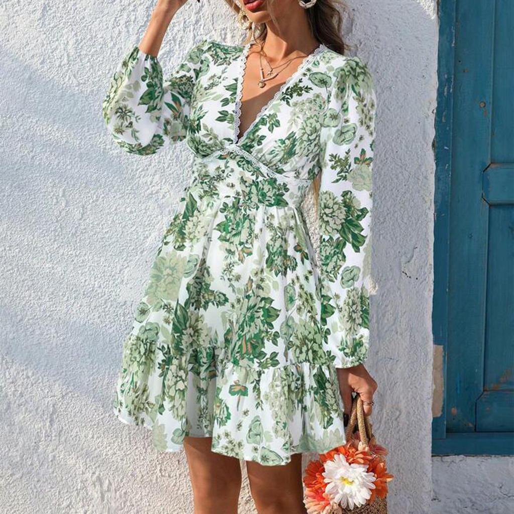 Robe Longue Décontractée Imprimée à Manches Longues et Décolleté en V en Dentelle pour Femme