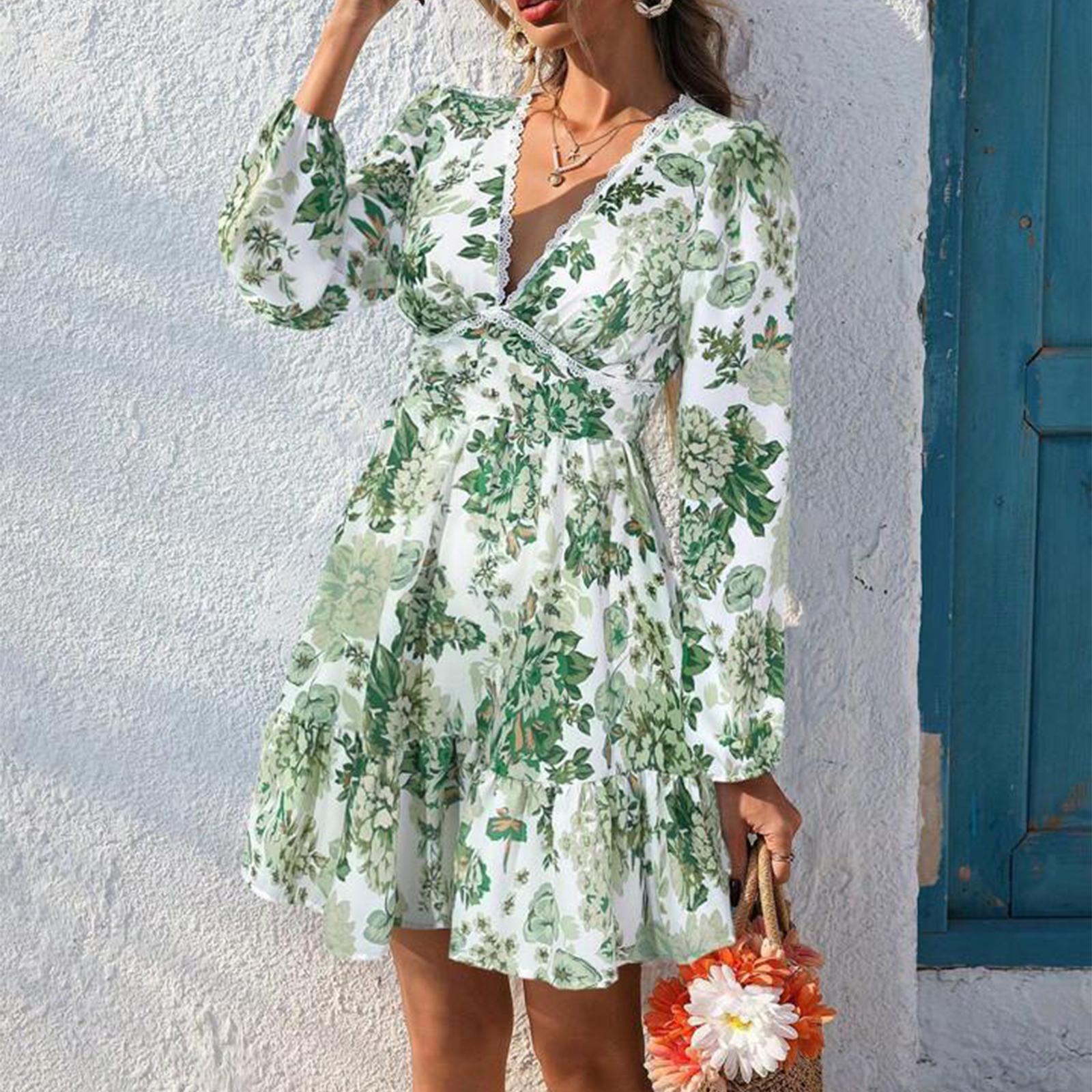 Женское модное повседневное праздничное платье с V-образным вырезом, принтом и длинным рукавом, с кружевом S зелёный