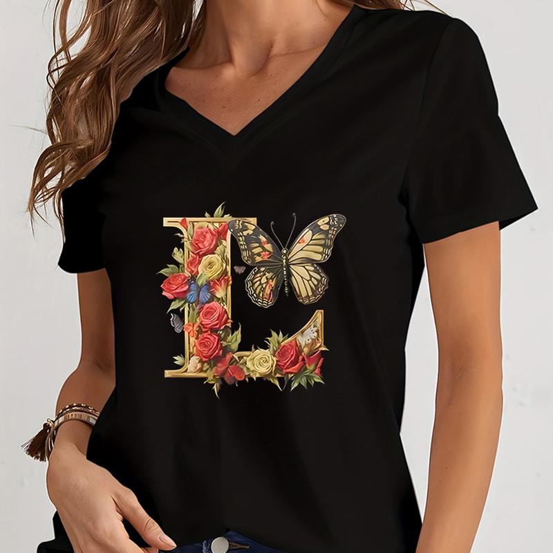 Women Tshirts AZ 26 Alphabet Flower Vintage Design Premium Tshirt Vintage Butterfly Flower 26 English Alphabet Summer Tshirt