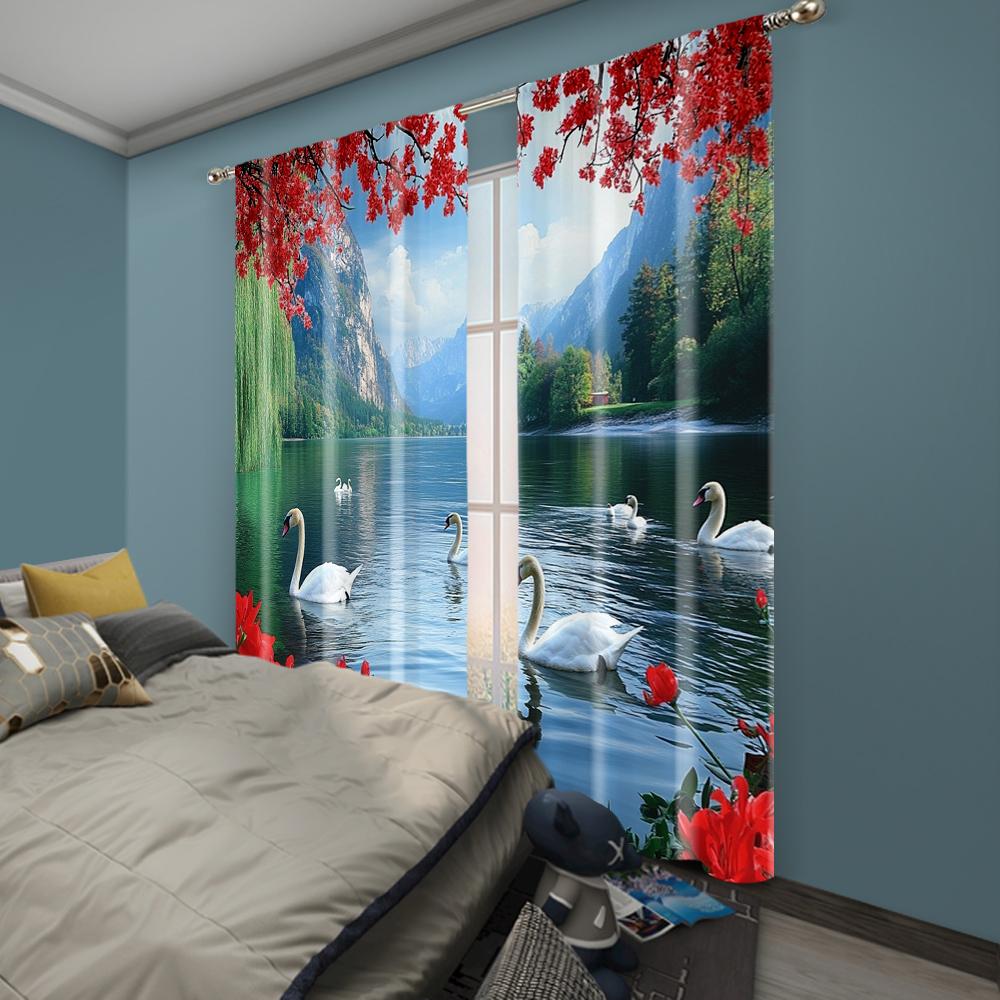 2pc,  Curtains The picturesque forest_ Swan Lake_ seagulls_ fish_ and red blooming flower party Versatile 100% Polyester,Without