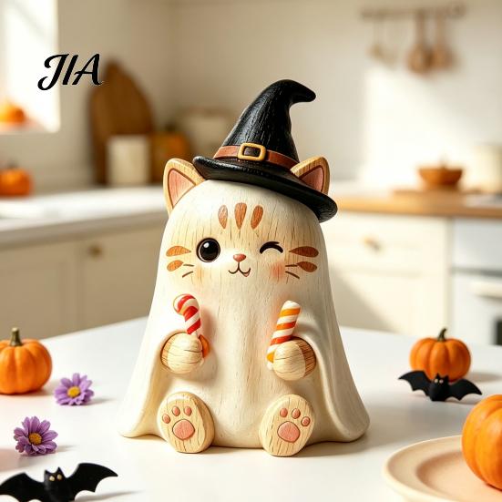 Trendy Desk Accessories Vintage Witch Cat Halloween Decoration, Small Wooden Unique Gift for Her Figurine Farmhouse Mantel, Bookshelf Table,