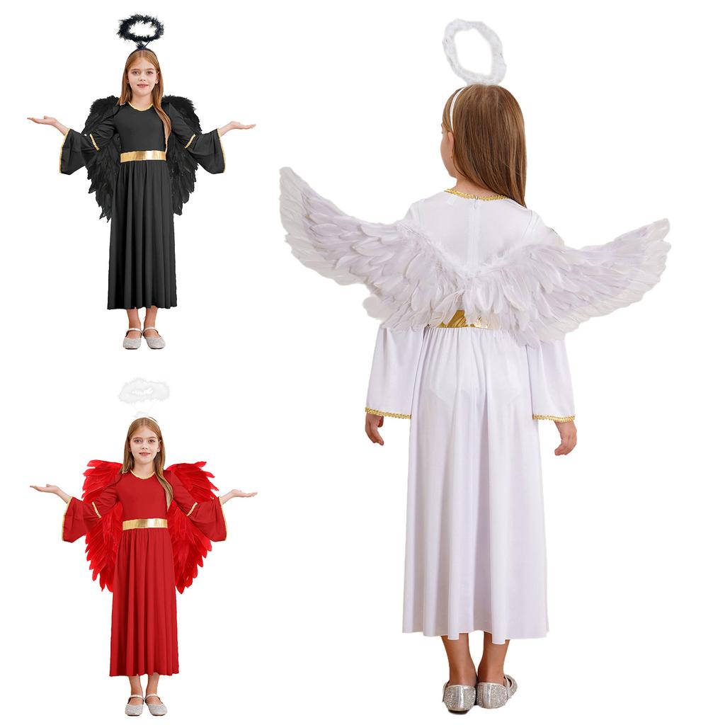 Girls Angel Dress Long Sleeve Gold Trim Patchwork Gown Feather Headband Wings Dress Up Performance Set