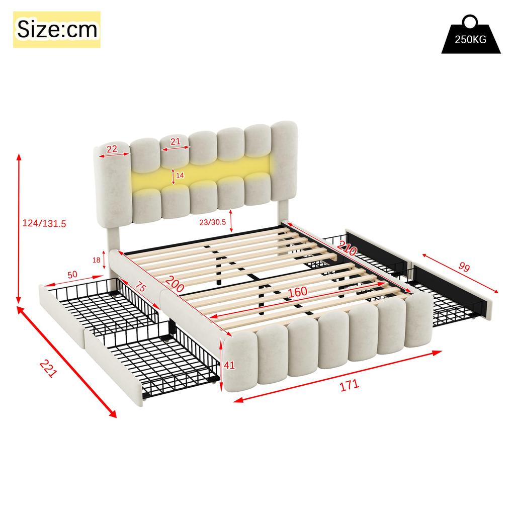 Polsterbett 160x200 LED Stauraumbett Lattenrost 4 Schubladen Stereo USB-Ladefunktion höhenverstellbares Kopfteil (ohne Matratze)