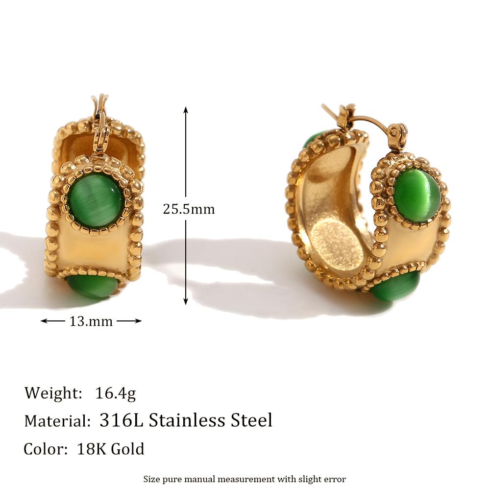 

MamacitaSlay 316L Stainless Steel Retro Agate Beaded Edge Hoop Earrings 18K Gold Plated Waterproof Jewelry For Women Daily Wear зелений