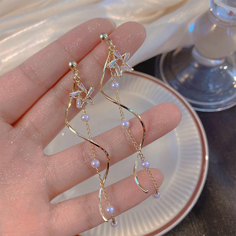 1Pair  Long  Earrings Temperament Star Imitation Pearl Long Tassel Drop Earrings For Women  Wedding Jewelry Gift