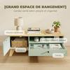 Living Room Coffee Table, Rectangular Side Table with Drawer, Door and Open Compartment, Light Green and Oak