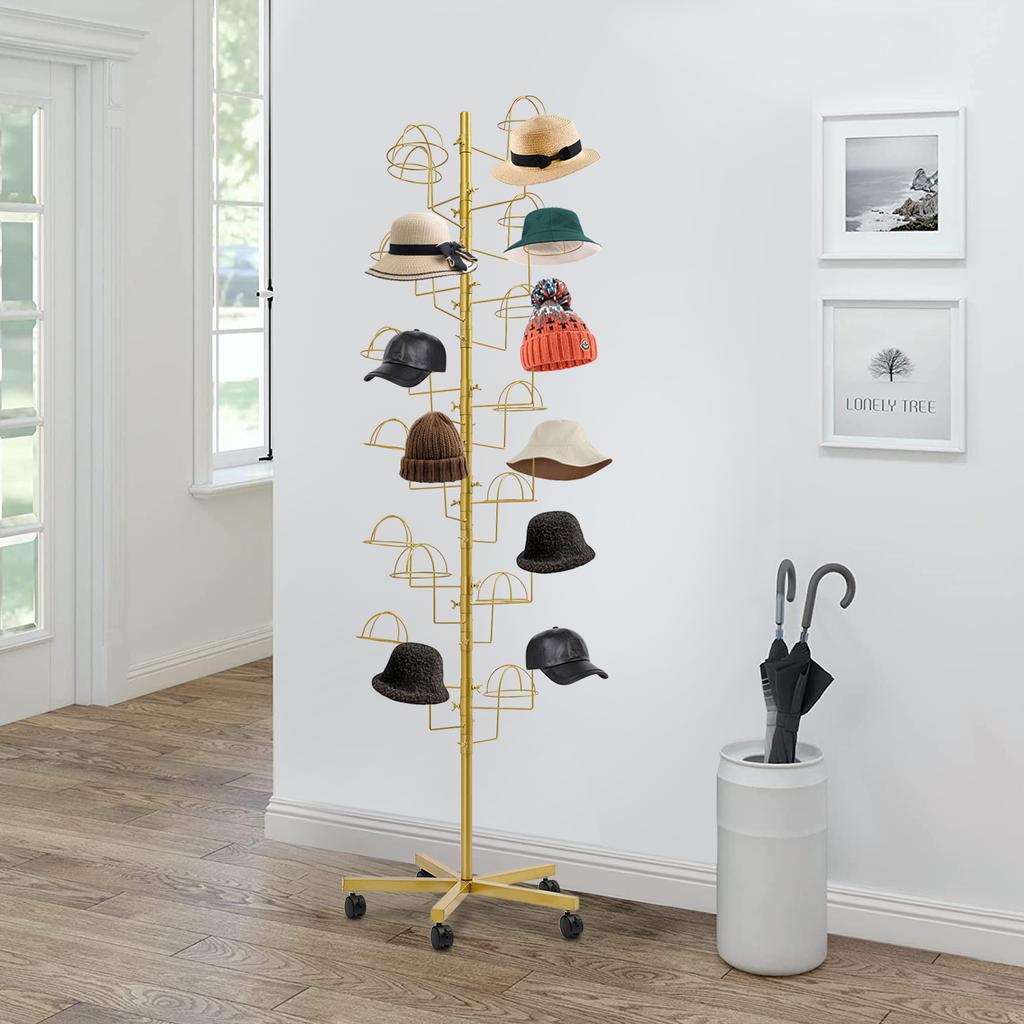 Espositore per cappelli in metallo, Supporto per riporre cappelli con 25 ganci, Espositore per cappelli autoportante - Oro