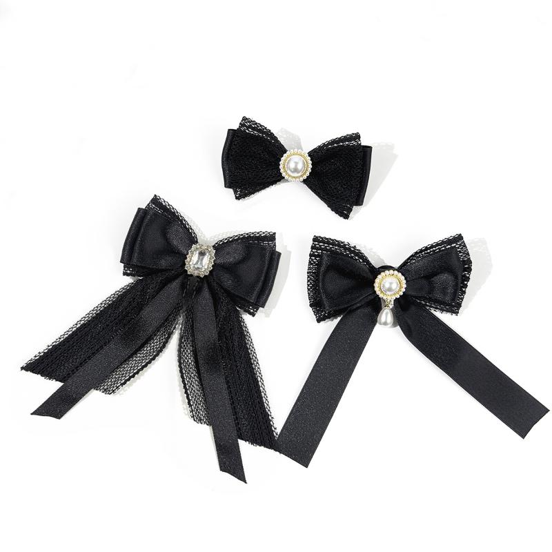 Schwarze Spitze Satinband Perlen Schleife Brosche Krawatte College Stil Damen Hemdkragen Pin Kleidung Dekoration Zubehör