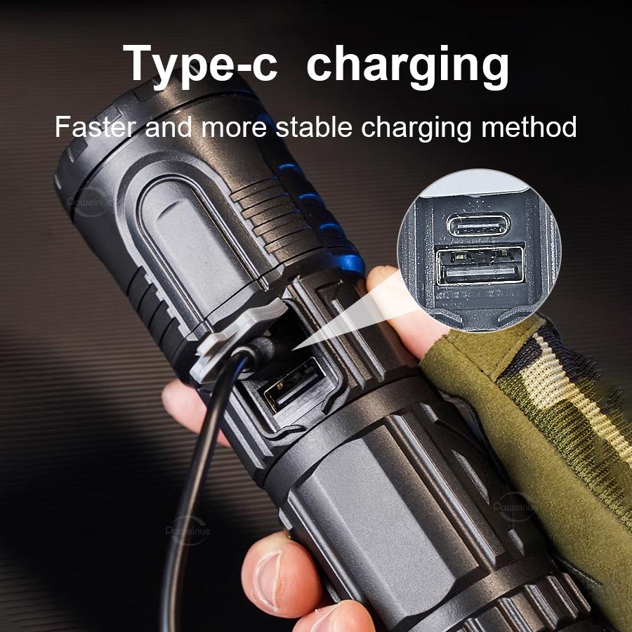 High power 300W LED aluminum alloy flashlight Type-C rechargeable flashlight,suitable for remote home,outdoor,emergency lighting and cold resistance
