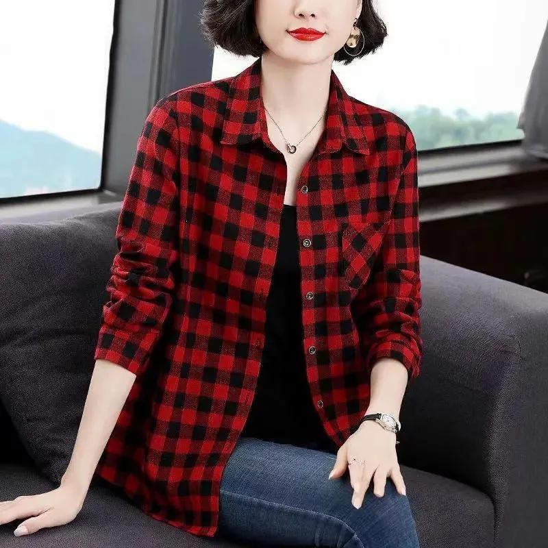 

Весенне-осенняя клетчатая рубашка большого размера, свободная куртка для матери среднего возраста 5XL