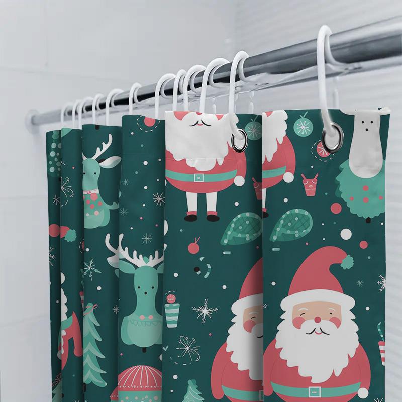 Winter Christmas Shower Curtain Decorations Santa Claus Reindeer Design 180Cm Long Waterproof Fabric Bathroom C