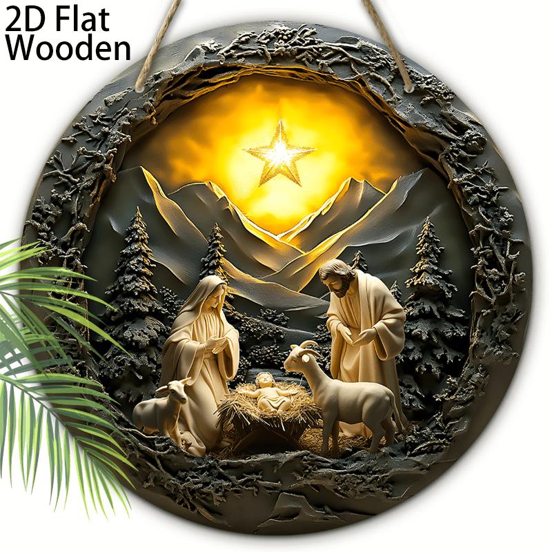 

5 шт. Деревянное украшение для рождественской сцены с золотой звездой - рождение Спасителя 2D круглое подвесное украшение для дерева, стены, сада - праздничное украшение без батареек 5pcs