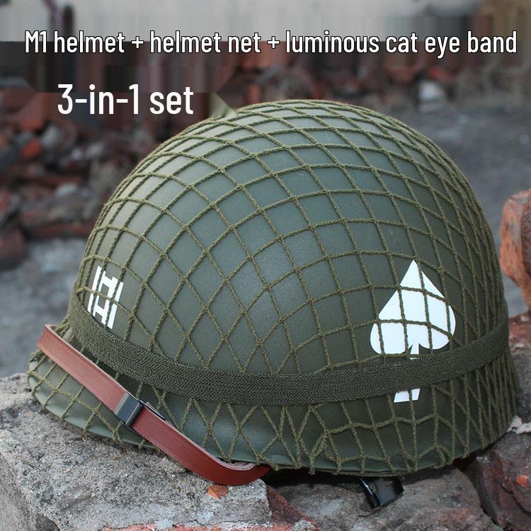 WWII M1 Classic Steel Helmet with Net Cover & Luminous Cat Eye Band - 3-in-1 Movie Prop Set