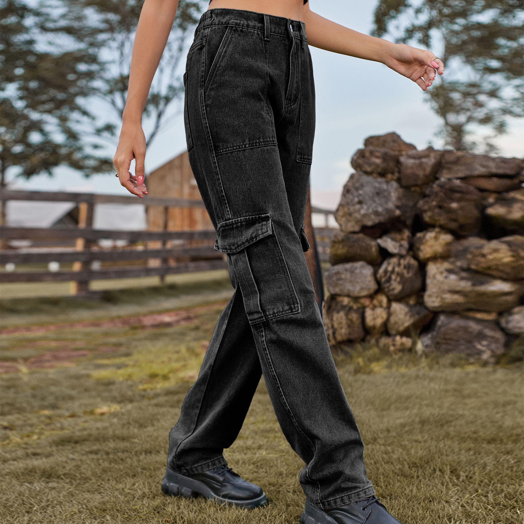 American Retro Multi-pocket Denim Workwear Pants for Women S