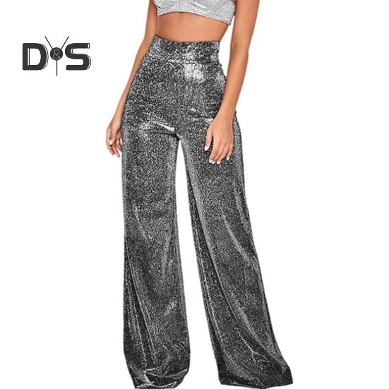 

Женские широкие брюки с рисунком горячего тиснения, глянцевые длинные брюки, клубные выступления, застежка-молния, блестящие брюки XL чёрный