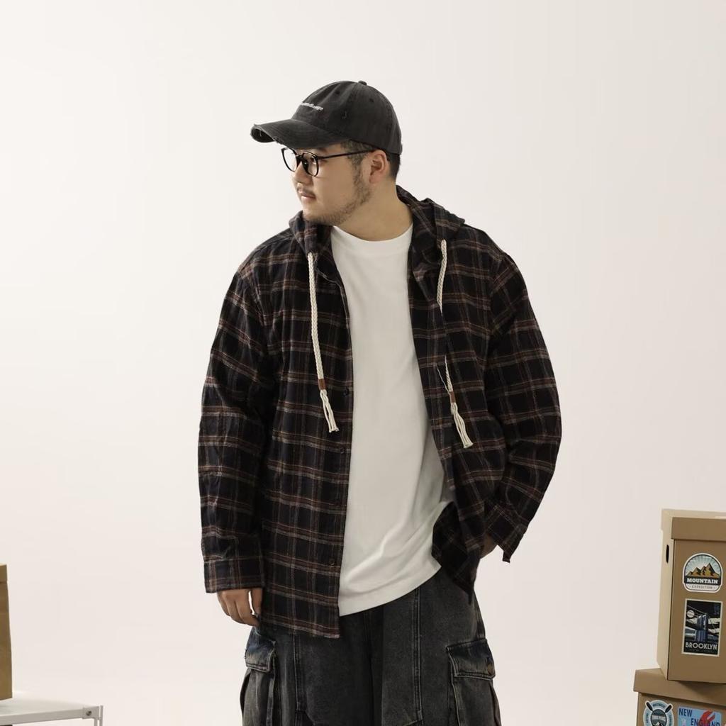 Kapuzenhemd mit Karomuster, langärmlig, japanischer Hongkong-Stil, lässiges Oversize-Hemd, Jungen, Sommer, trendig, vielseitig, lässiger Mantel