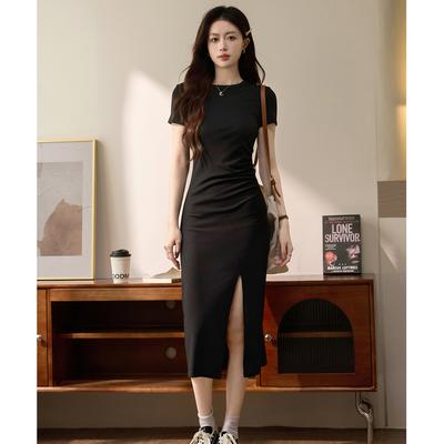 Pure Cotton Short-sleeved Dress for Women In Summer New Sexy Slit Over-knee Slim Long Skirt