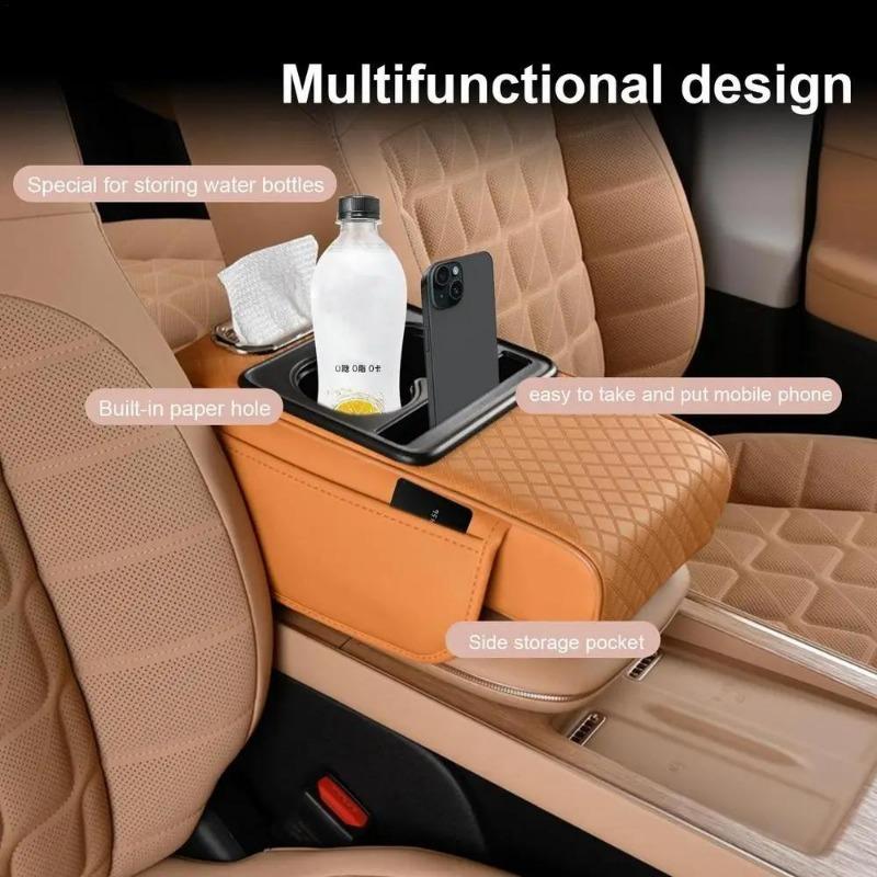 1PC Car Center Console Armrest Cushion Thicken Arm Rest Box Pad Side Extension Cushion with Cup Holder Tissue Box Organizer Bag Universal Armrest