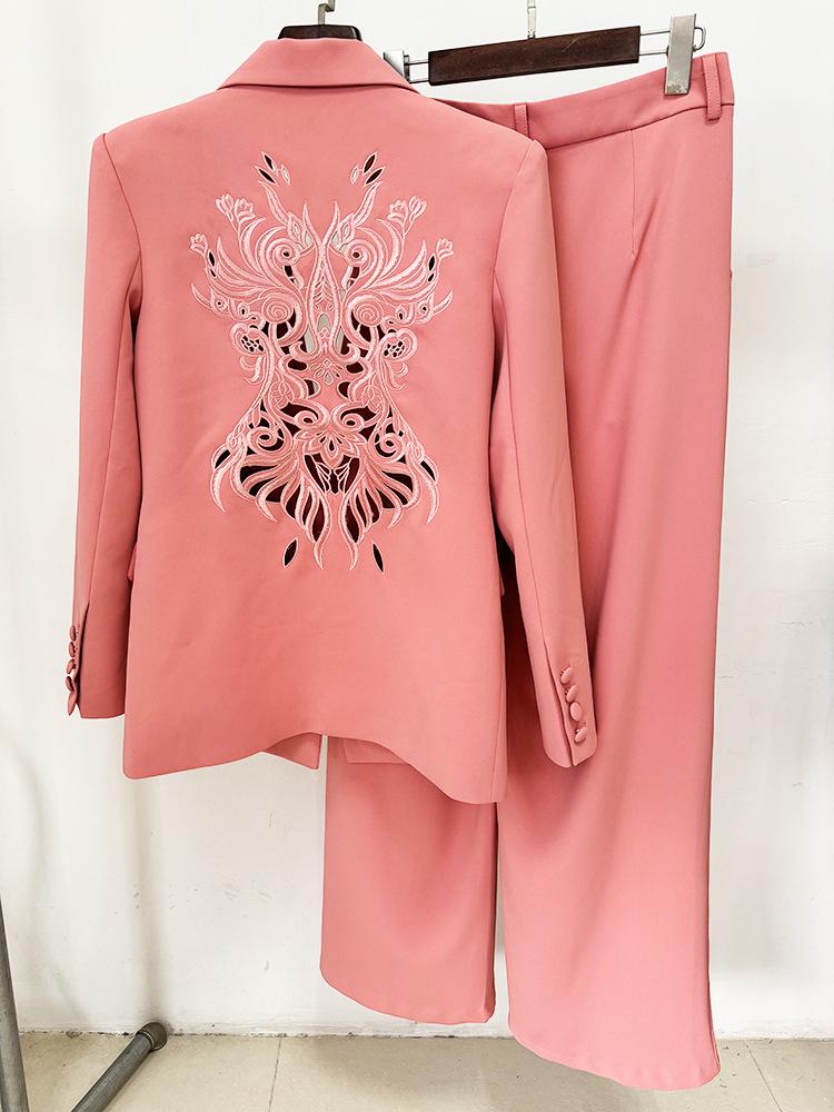 Available 2025: European & American Fashion Embroidered Hollow-Out Suit Jacket & Straight-Leg Pants Set.
