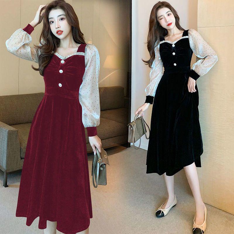 Abito da donna a tubino finto due pezzi stile coreano-francese, snellente, elegante, a maniche lunghe, patchwork, un pezzo