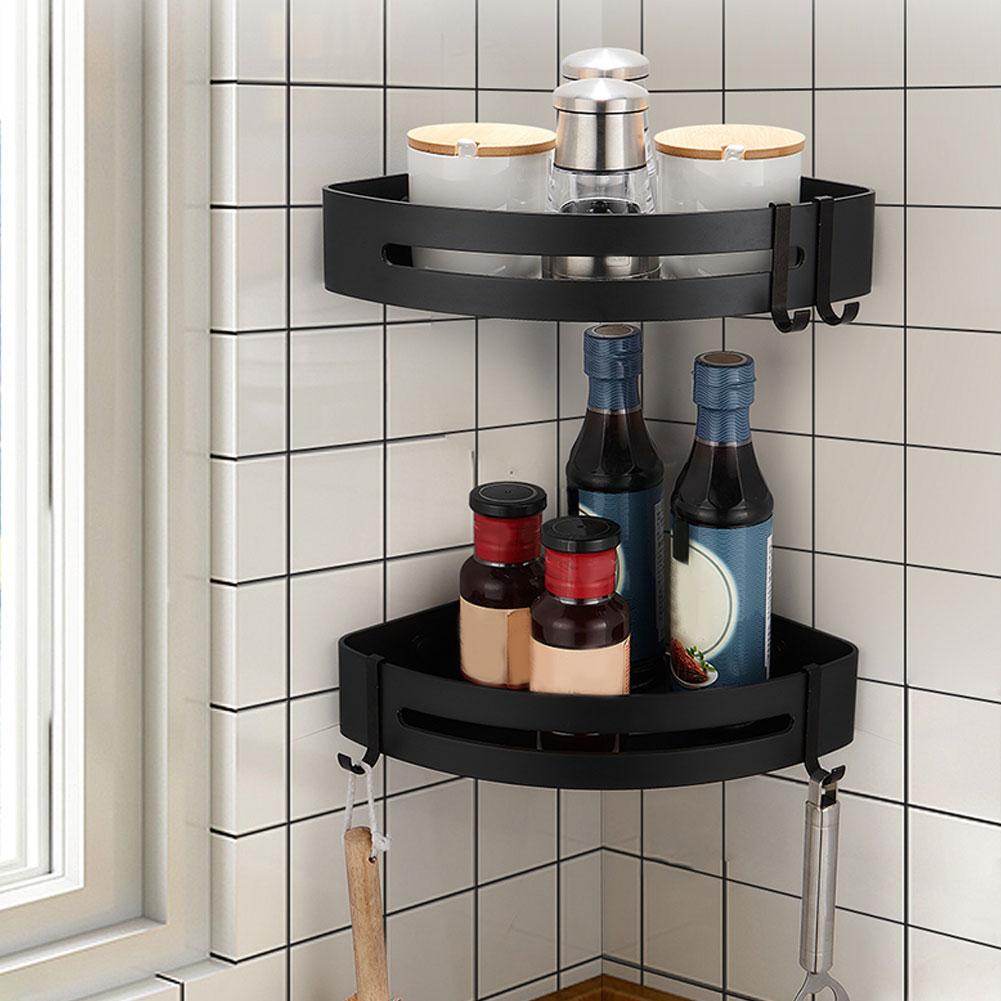 Wall Hanging Space Aluminum Double Layer Storage Rack Corner Shelf for Home Bathroom Black