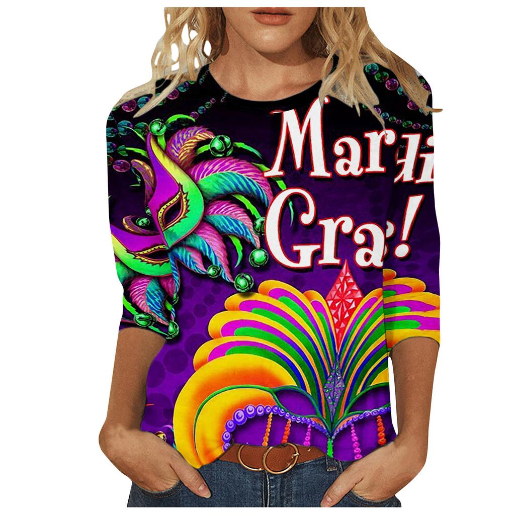 Long Sleeved Glamorous Mask Patterned Top Carnival Themed Printed Women's T-shirts