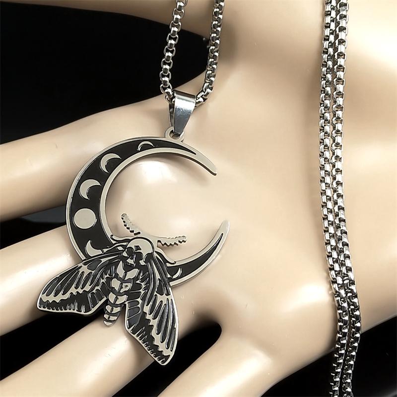 Witch Luna Moth Skull Crescent Necklace for Women Men Stainless Steel Gothic Insect Moon Phase Chain Jewelry Necklace