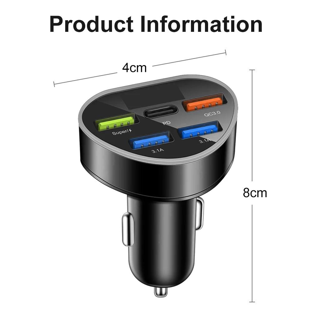 200W PD Heart-shaped Car Charger QC3.0 Fast Charge 1 To 5 Car Cigarette Lighter Plug 5 Port Flash Charge with Digital Display