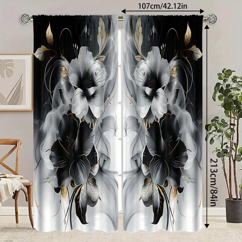 Set Of 2 Polyester Material Floral Watercolor Print Semi Curtains Golden Trim Suitable Bedroom Living Room Office Curtain With Light Filtering Perfect