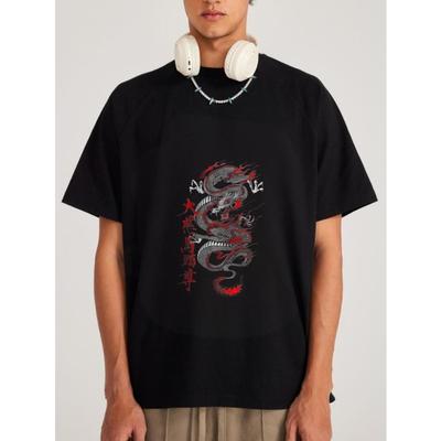 White T Shirt with Dragon and Chinese Characters Print for Casual Wear