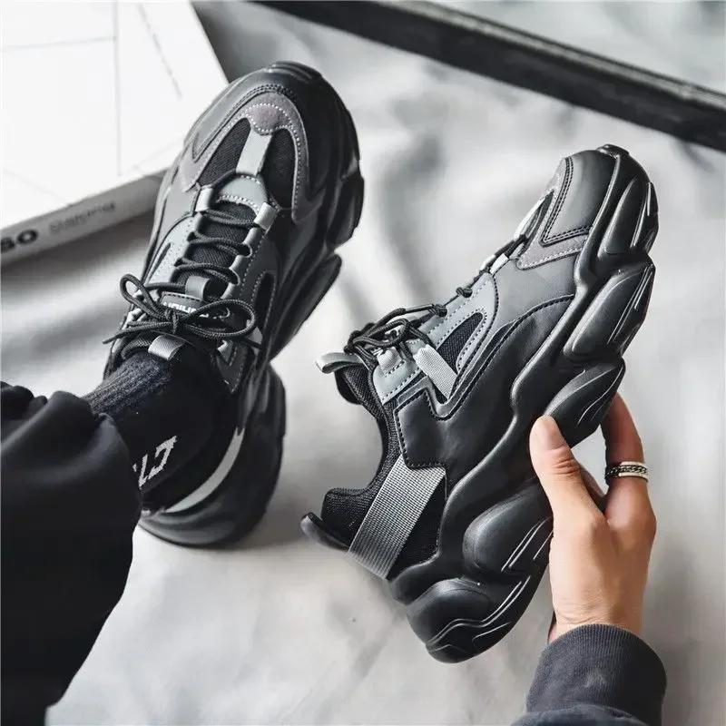 Solid Chunky Sneakers Men's Running Shoes 2025 Fashion Casual Breathable Leather Mesh Increased Thick Platform Designer Shoes