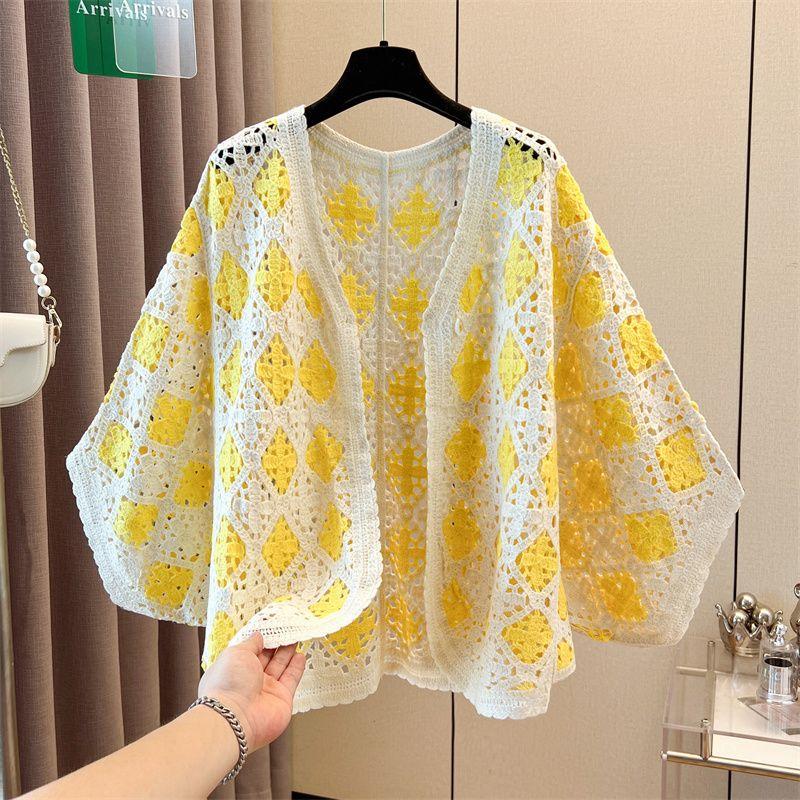 

Summer Bohemian Knitted Cardigan for Women Hollow Crochet Knitted Cardigan Loose Retro Knitted Top One size жовтий