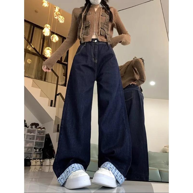 

Women s High Street Plaid Patchwork Wide-Leg Jeans - Spring Slimming Straight Cut Design L (for 54-59 kg)