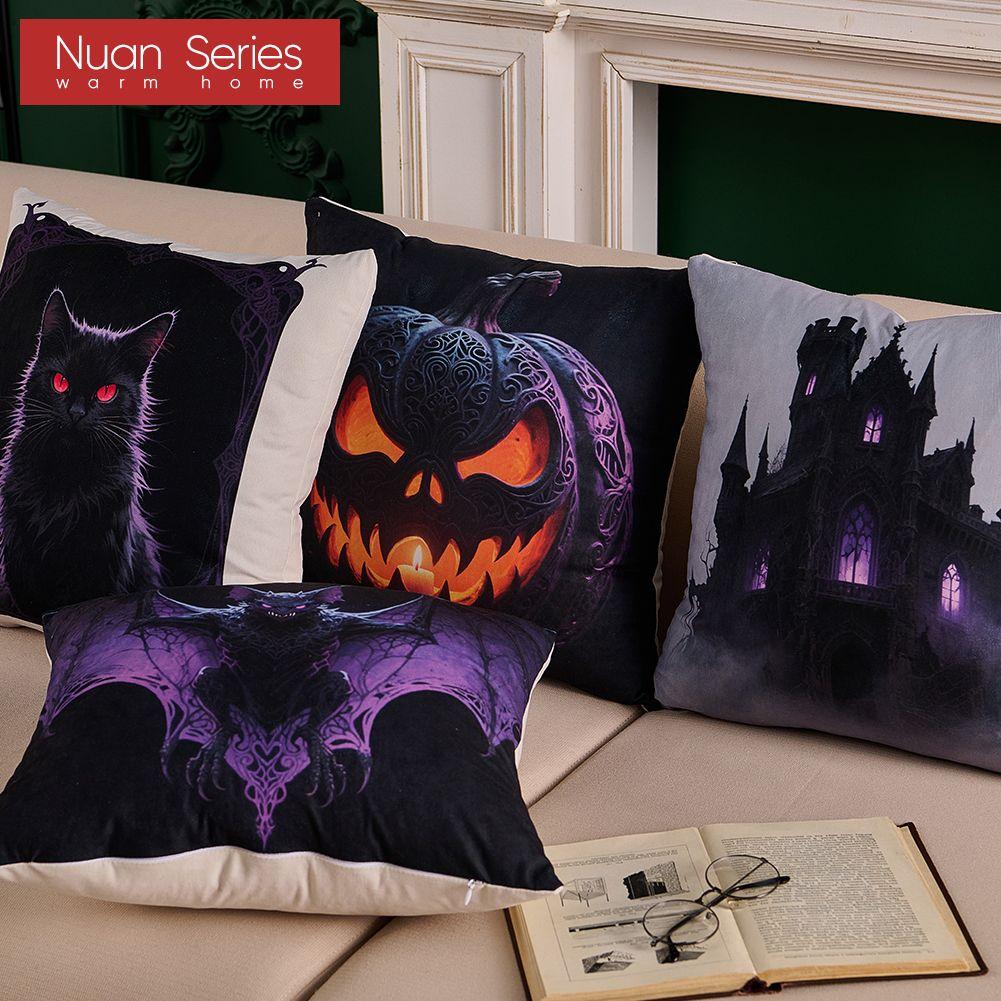 1PC Nuan Series Halloween Pillowcase Black Cat Ghost Pumpkin Series Printed Cushion Cover for Sofa Living Room Bedroom Home Decor Party Decorations