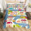 Rustic Suburb Duvet Cover Countryside House Tree Hand Graffiti Bedding Set Nature Scenery Comforter Cover Blue River Quilt Cover
