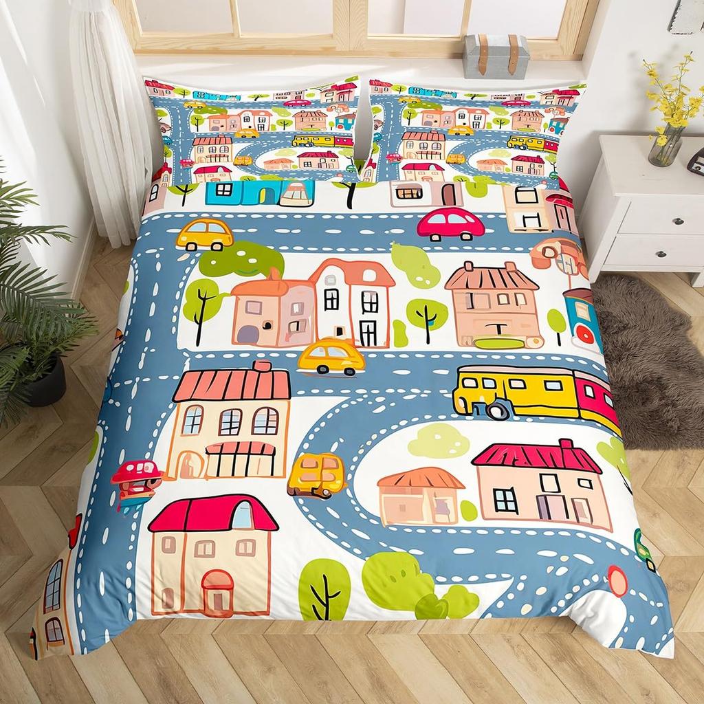 Rustic Suburb Duvet Cover Countryside House Tree Hand Graffiti Bedding Set Nature Scenery Comforter Cover Blue River Quilt Cover