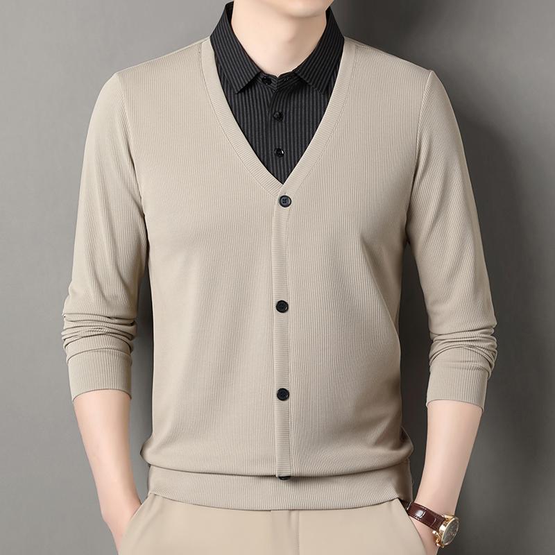 Men's Fake Two Piece Polo Shirt Casual Fashion Long Sleeve Collar T-shirt Versatile Top