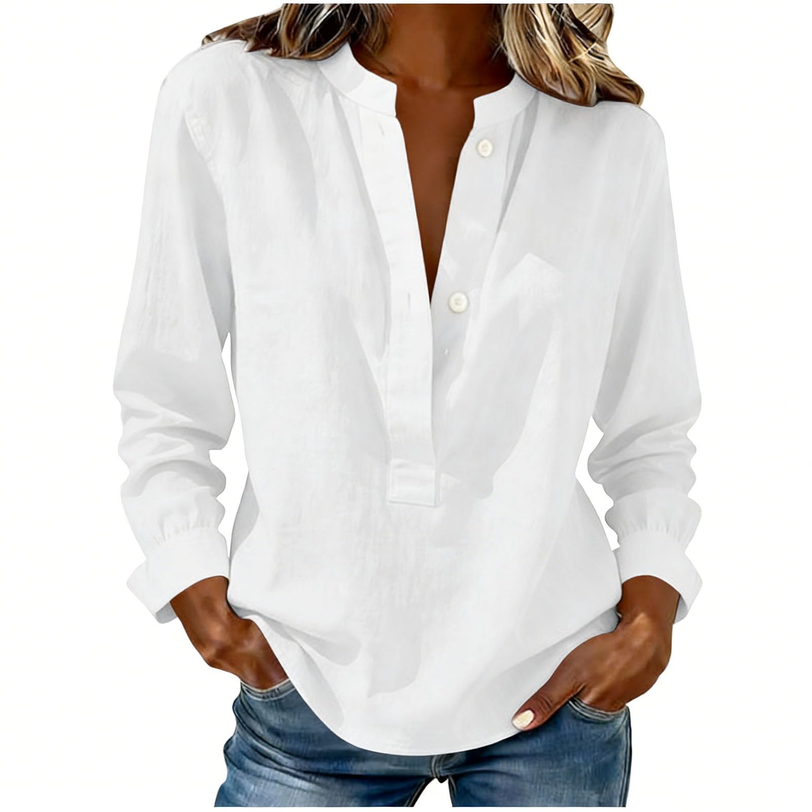 

Women Loose Button Up Casual Blouses Long Sleeve Linen Tops XL білий