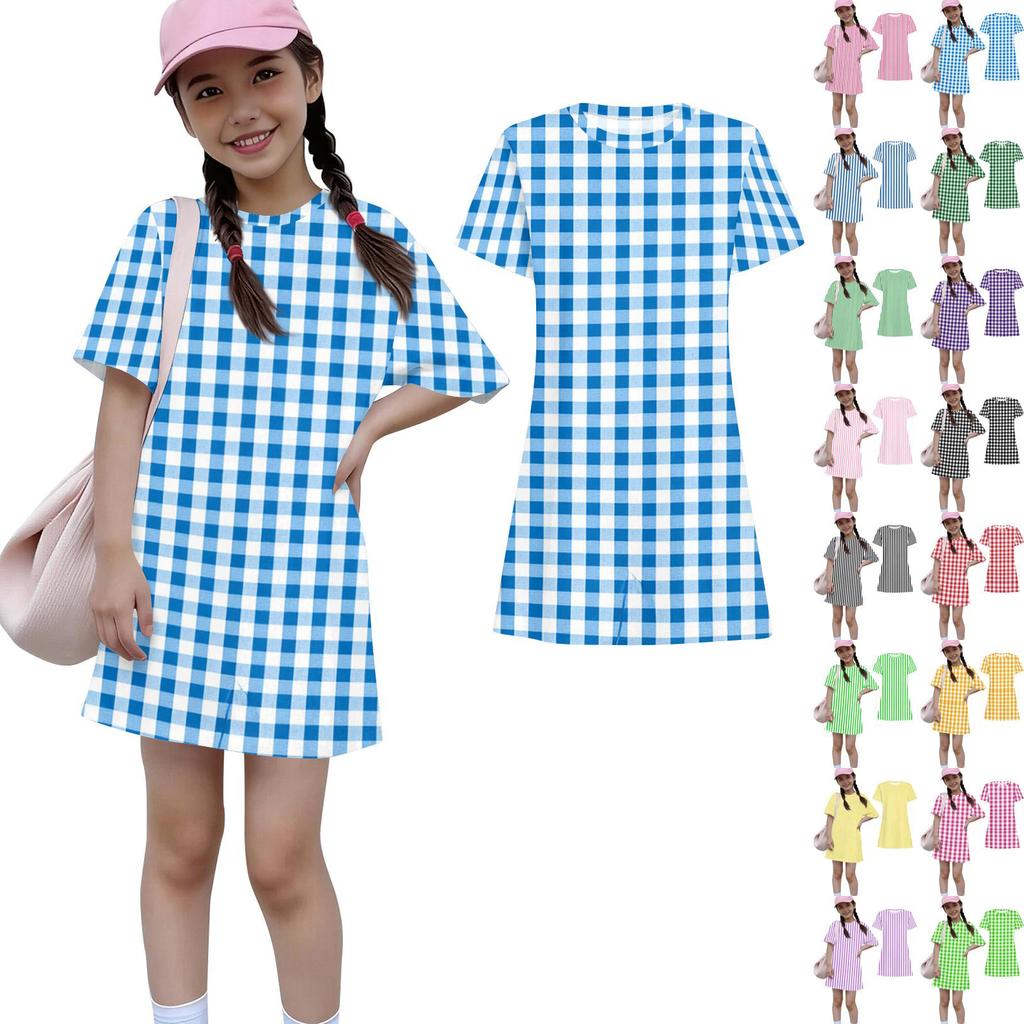 Girls Plaid Pattern Dress Loose Fit Short Sleeve Round Neck Lightweight Casual Dress for Children Suitable for Daily Wear and Outdoor Activities
