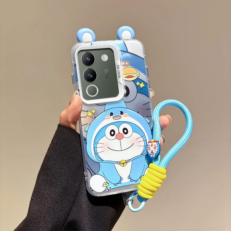 KEYSION Cute Ear Cartoon Case for VIVO V29e 5G with Lanyard Soft Silicone+PC Shockproof Phone Back Cover for VIVO V29e