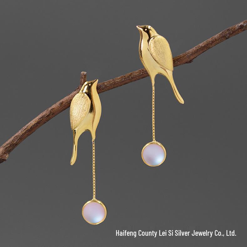 Elegant 925 Sterling Silver Bird Earrings with Iridescent Glass Beads - Hypoallergenic Chinese Ancient Style