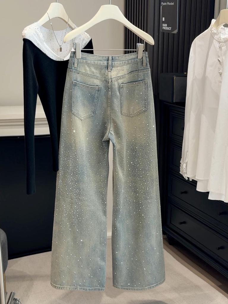 Spring Starry Rhinestone Sparkle Wide-Leg Jeans - Women's Loose-Fit Slimming Pants